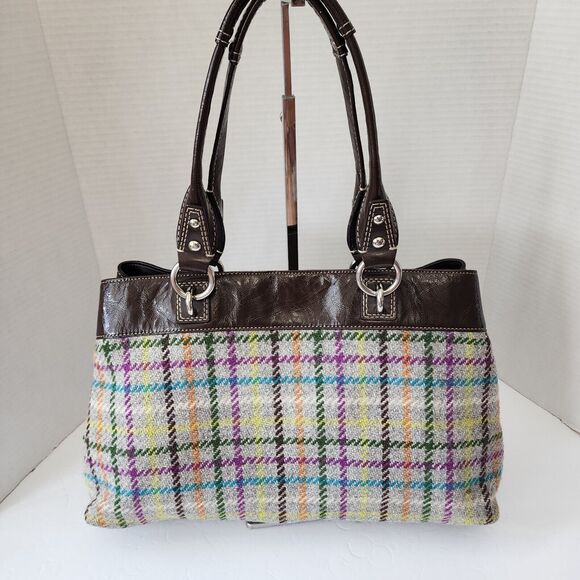 Coach Penelope Tattersall Satchel Plaid Wool  Multi-color & Brown Patent Leather - Picture 6 of 16